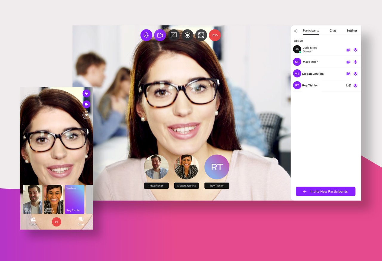 Veja como você pode criar canais de comunicação perfeitos e estimular conversas em todos os lugares: assista agora. imagem de uma mulher usando o vonage meetings com uma captura de tela com os participantes
