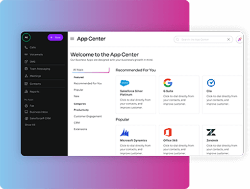 Screen grab of the Unified Communications product's app center on desktop