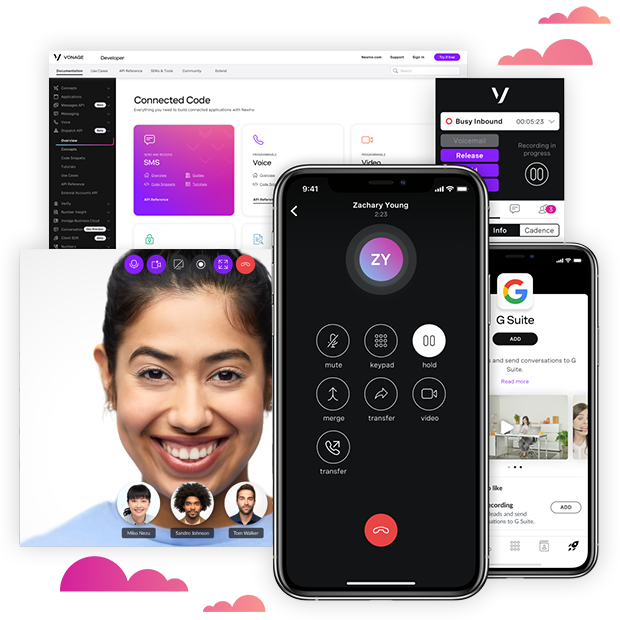 Collage of product imagery including a video call, admin portal page and smartphone dialing screen.